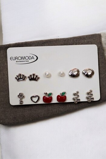 EUROMODA Set of 6 Earrings with Crown Sea Shell Snake Apple Heart Key Design Pearl Solitaire and Ball Earrings