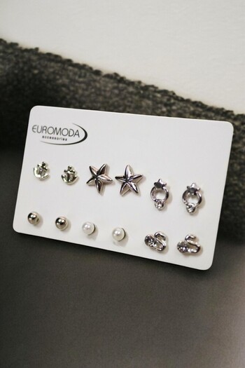 EUROMODA Set of 6 Earrings with Star and Anchor Design Pearl Solitaire and Ball Earrings