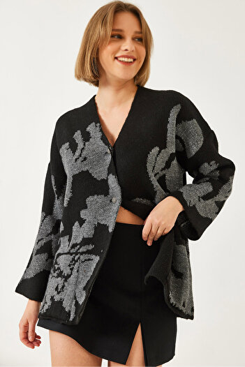 Bianco Lucci Women's Leaf Patterned Glitter Knitwear Cardigan 241142 60261320