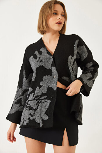 Bianco Lucci Women's Leaf Patterned Glitter Knitwear Cardigan 241142 60261320
