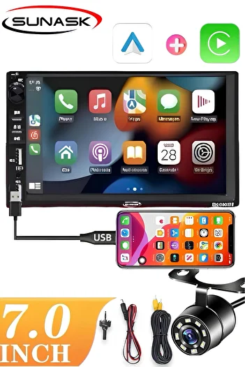 SUNASK شريط تلقائي Sn-9900bt مقاس 7 بوصات مع Carplay - بلوتوث، MP5، MP3، كاميرا وقوف السيارات USB مزدوجة