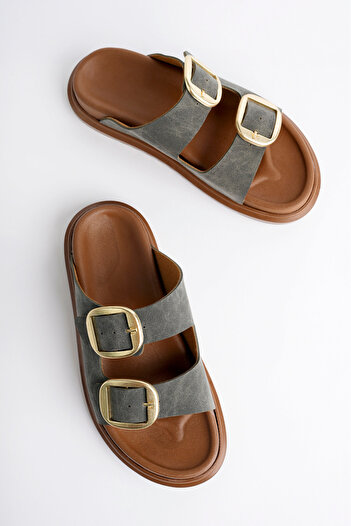 meyra'nın ayakkabıları Women's Green Matte Double Buckle Comfortable Sole Slippers