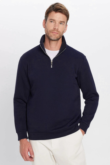 Tudors Unisex Relax Fit Rahat Kesim Pamuklu İçi Polarlı Yarım Fermuarlı Lacivert Dik Yaka Sweatshirt