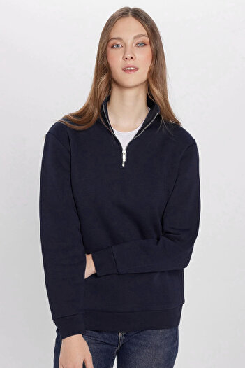 Tudors Unisex Relax Fit Rahat Kesim Pamuklu İçi Polarlı Yarım Fermuarlı Lacivert Dik Yaka Sweatshirt