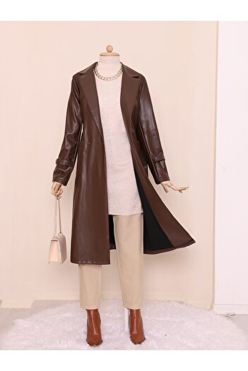 Modamorfo Ζώνη Pocket Hijab Leather Trenckot -καφέ