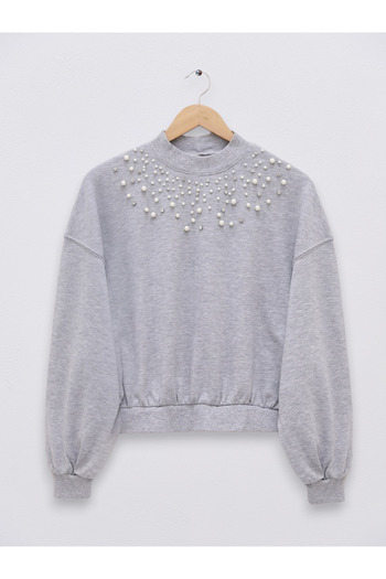 Modamorfo Half-Neck Sweat with Pearls and Stones on the Front