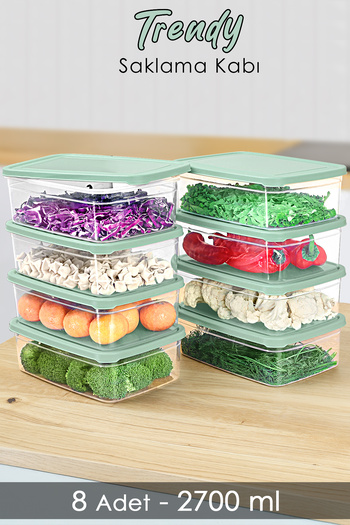 Meleni Home 2700ml Green Food Storage Organizer - 8 Pcs Rectangular, Microwavable Organizer