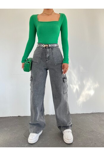 Modamorfo Smoked Colored Cargo Pocket Wide Leg Jeans