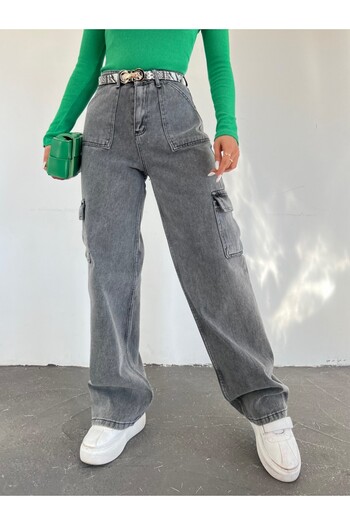 Modamorfo Smoked Colored Cargo Pocket Wide Leg Jeans