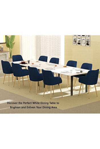 Mahmayi Dec 72 BLK Modern Wooden Dining Table U-Leg, 10-Seater for Kitchen-360cm, Premium White