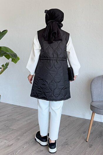 InStyle Drawstring Quilted Black Vest with Pocket Detail