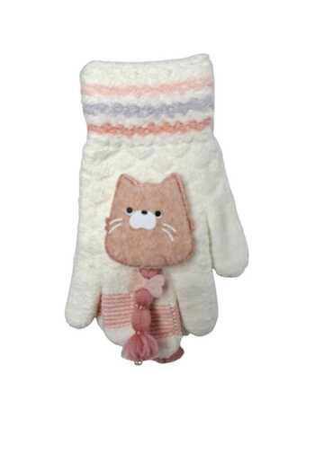 Kitti Spteks Kitti 4-8 Yaş Kız Çocuk Krem Renk Kedi Maskot Ve Figürlü Örme Eldiven