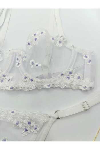 La Linaa Romaşkaa White Floral Patterned Thong Panty Bra Set