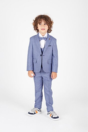 Magu Blue Children's Suit Stylish Design with Bow Tie and Vest Jacket