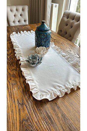 Decamor home Linen Carefree Stain Resistant Vintage Full Ruffled Ecru Runner