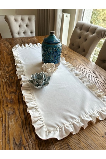 Decamor home Linen Carefree Stain Resistant Vintage Full Ruffled Ecru Runner