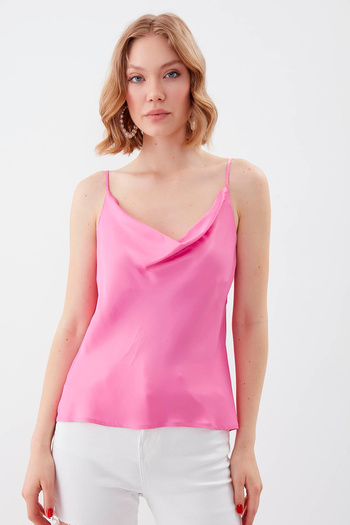 Vitrin Degaje Collar Satin Blouse with Rope Strap