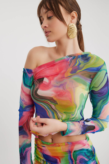 Vitrin Asymmetric Collar Tulle Blouse