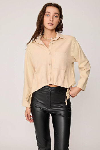 Vitrin Buttoned Front Lace Up Waist Single Pocket Knitted Blouse