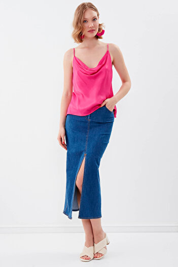 Vitrin Degaje Collar Satin Blouse with Rope Strap