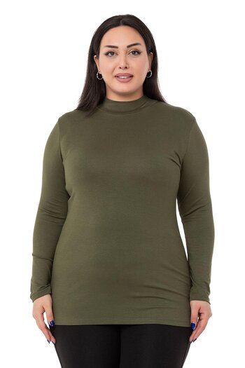 DISENTIS MODEST Large Size Half Fisherman Long Sleeve Viscose Khaki Body