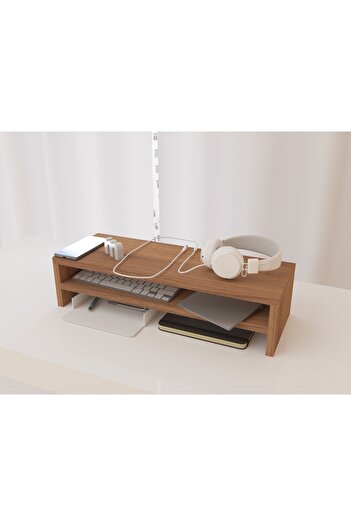 Mahmayi Wooden Riser Monitor Stand with 2 Tier Storage Shelf, Monitor Stand for Home-NATURAL DIJON WALNUT