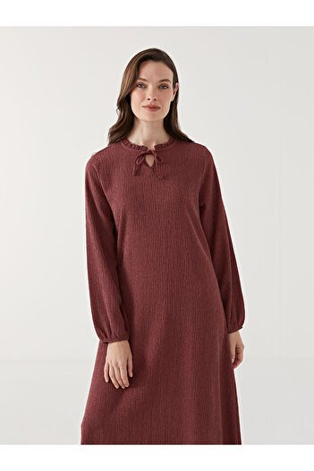 LC Waikiki Lcw Grace Pink Lace-Up Neckline Textured Women's Dress
