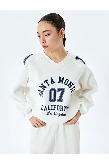 Koton College Printed Long Sleeve Oversize V-Neck Sweatshirt