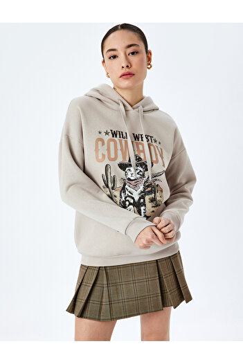 Koton Raster Hooded Slogan Printed Oversize Long Sleeve Sweatshirt