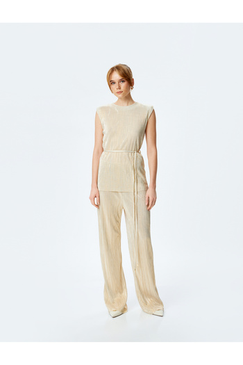 Koton Belt Detail Crew Neck Sleeveless Pleated Blouse