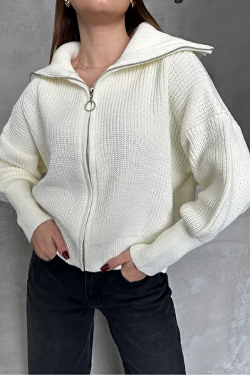 macharel jeans Ecru Turn-Down Collar Zippered Knitwear Cardigan