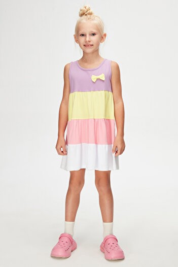 LOVETTI Lilac White Girl's Colorful Gathered Strap Dress
