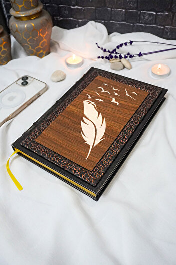 markcat 17X24 cm 320 Pages Gift Notebook - Feather Pattern, Thermo Leather and Wood Line