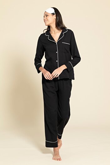 FOR YOU MODA 3'lü Organik Beyaz Biyeli Siyah Pijama Takımı