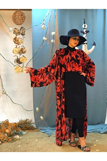 ns tasa Red Patterned Hooded Design Hijab Pareo
