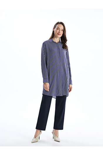 LC Waikiki Lcw Grace Navy Blue Striped Poplin Women's Shirt Tunic