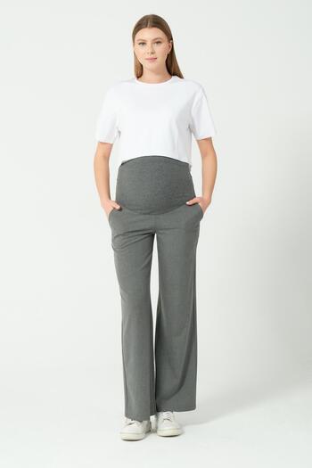 BUSA Maternity Stretchy Abdominal Banded Waist Adjustable Wide Leg Gabardine Trousers Dark Gray