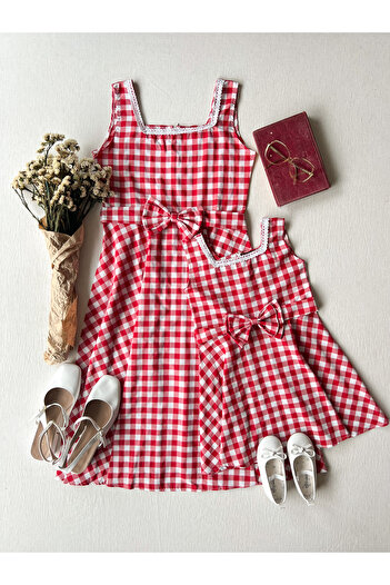 KÜÇÜĞÜM BUTİK Red Gingham Strap Square Collar Mother-Daughter Combination