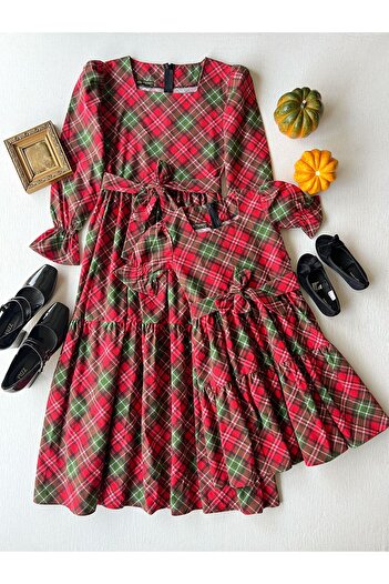 KÜÇÜĞÜM BUTİK Red Plaid Square Collar Folded Mother-Daughter Combination (Selling Separate)