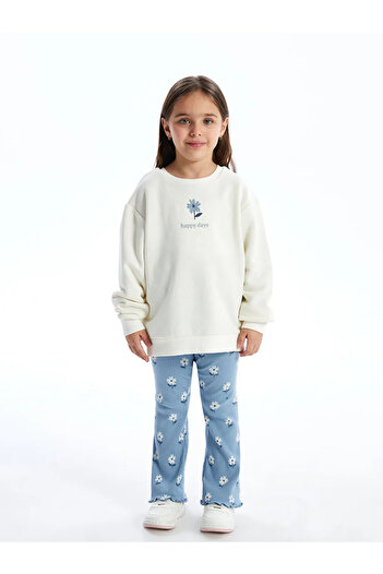 LC Waikiki Ecru Baby Girl Floral Print Sweatshirt and Leggings - Crew Neck Set of 2