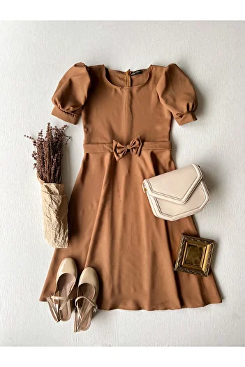 KÜÇÜĞÜM BUTİK Camel Color Watermelon Sleeve Crepe Midi Size Flared Crepe Συνδυασμός μητέρας-κόρης (ΠΩΛΕΙΤΑΙ ΜΟΝΟ)
