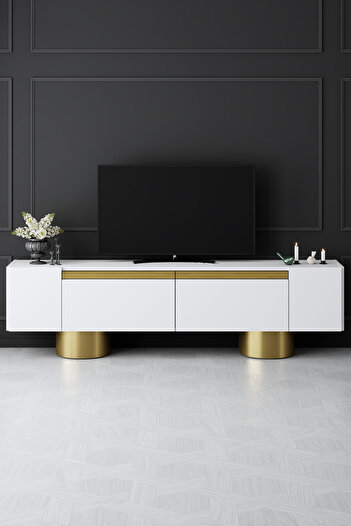 Modatte BOHEM GOLD METAL AYAKLI GOLD TASARIM BEYAZ TV ÜNİTESİ
