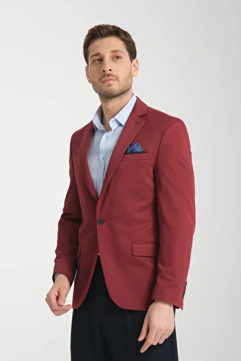 Frappoli Joker Men's Burgundy Knitted Stretching Fabric Slim Fit Mono Collar Sports Blazer Jacket