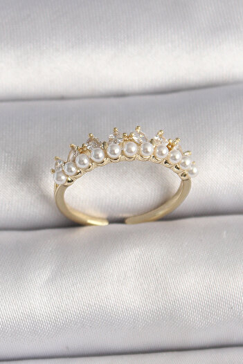 SeyCey.co Brass Gold Color Zircon Stone Pearl Crown Model Adjustable Women's Ring