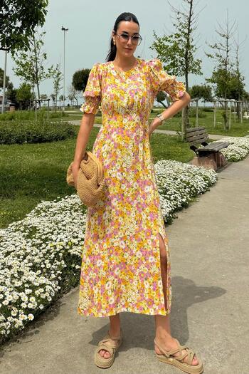 FOR YOU MODA Natural Viscose Sleeve Gipsy Slit Patterned Long Yellow Dress