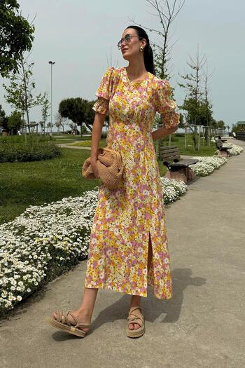 FOR YOU MODA Natural Viscose Sleeve Gipsy Slit Patterned Long Yellow Dress