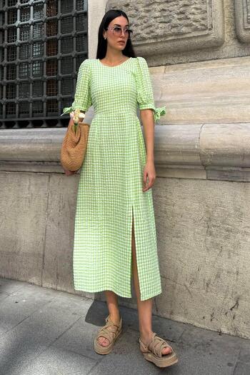FOR YOU MODA Natural Viscose Seersucker Plaid Slit Long Green Dress