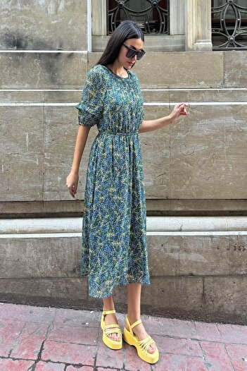 FOR YOU MODA Chiffon Lined Waist Gathered Patterned Long Green Dress