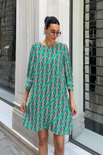 FOR YOU MODA Satin Chain Patterned Green Dress