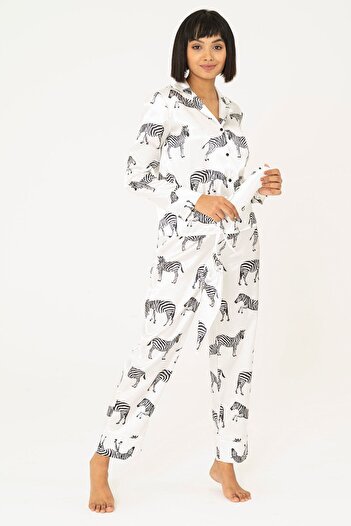 FOR YOU MODA Set de 7 pijamale din satin alb - model zebră